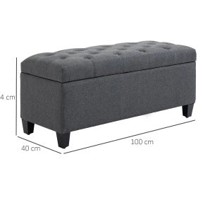Panca contenitore imbottita 100x40x44 cm in poliestere lino e legno di gomma grigio scuro