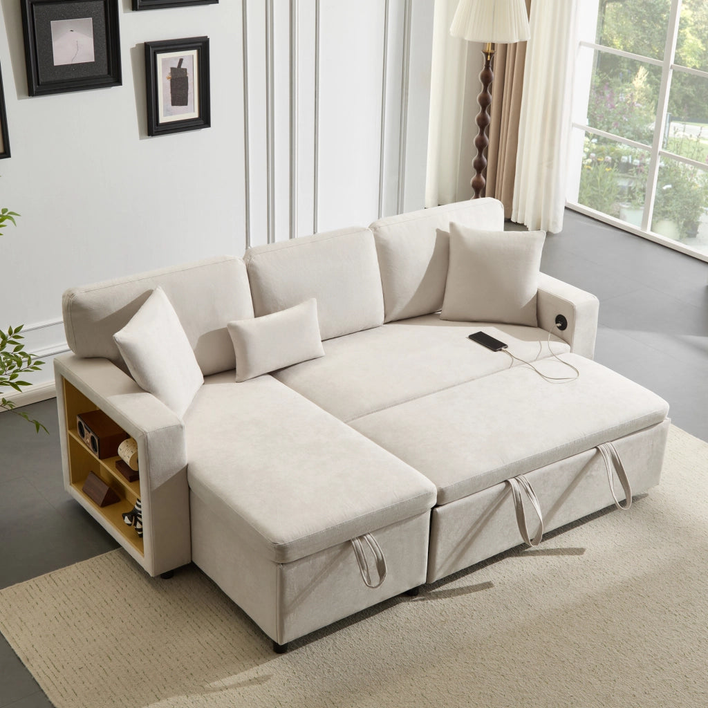 Divano letto estraibile 90 x 200 cm trasformabile in 180 x 200 cm con LED e rete a doghe; velluto e MDF; beige