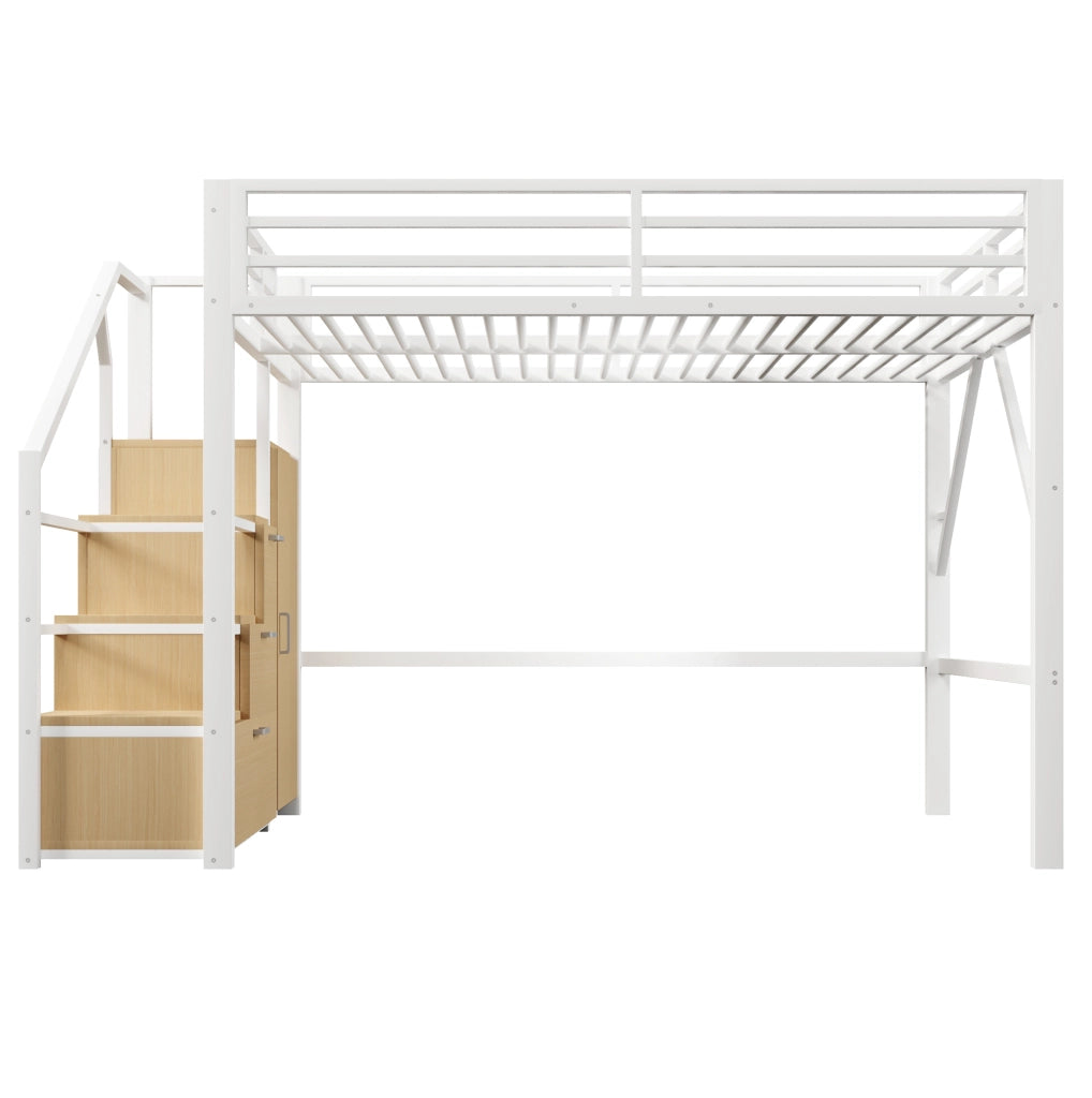 Letto a soppalco 140x200 cm con armadio, vani e LED in metallo bianco