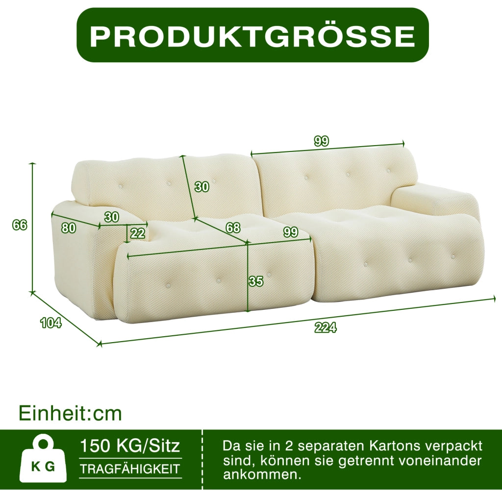 Divano Cloud due posti beige con braccioli larghi e design moderno, 224x104x66 cm