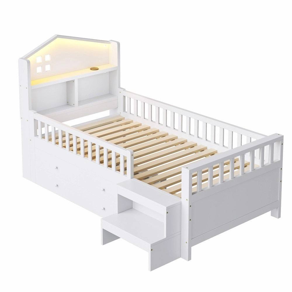 Letto Singolo Bambini 90x200 con Cassetti, LED e Rete a Doghe ¨C Xylo ¨C Massello Bianco