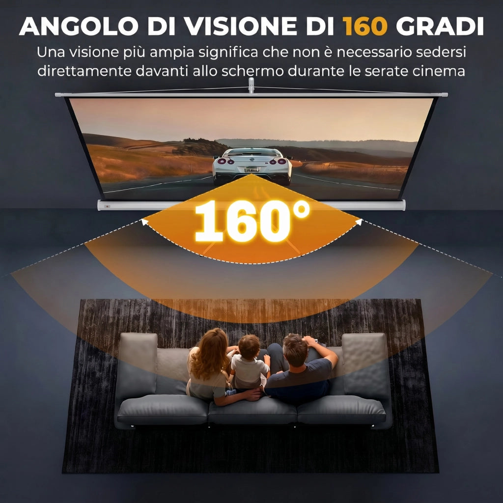 Telo Proiettore Pieghevole da 100" Formato 16:9 con Treppiede Regolabile, 235.8x8x136 cm, Bianco
