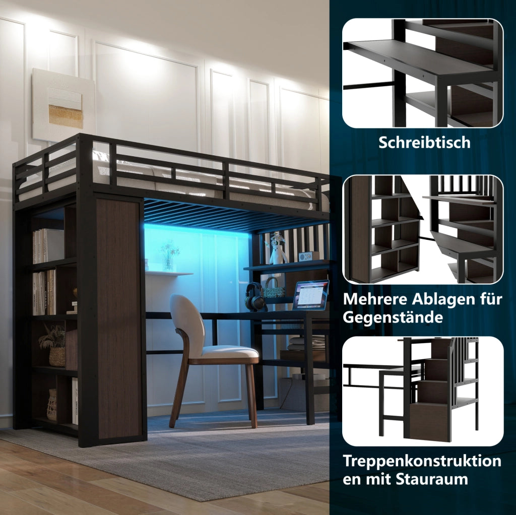Letto a soppalco 90 x 200 cm con scrivania, ripiani e LED nero