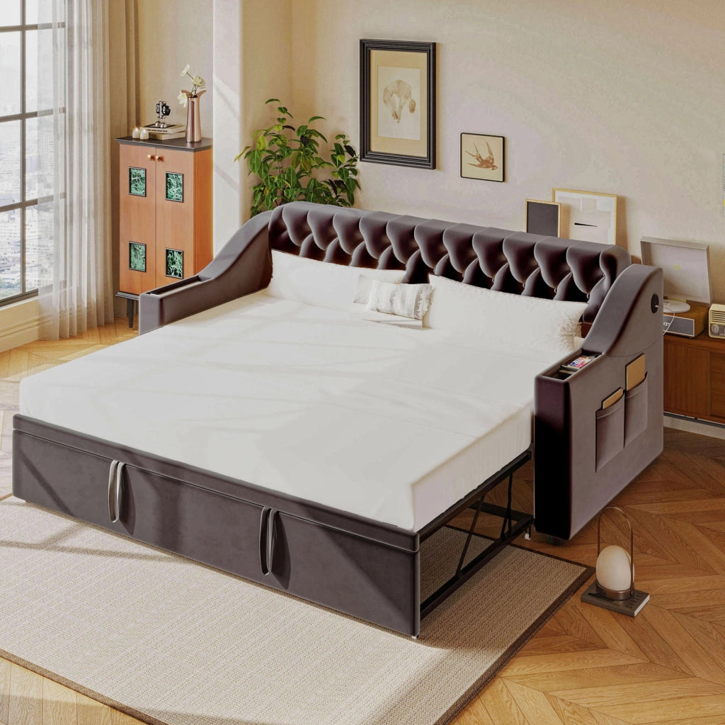 Divano letto imbottito grigio 90 x 190 cm con ricarica e vani