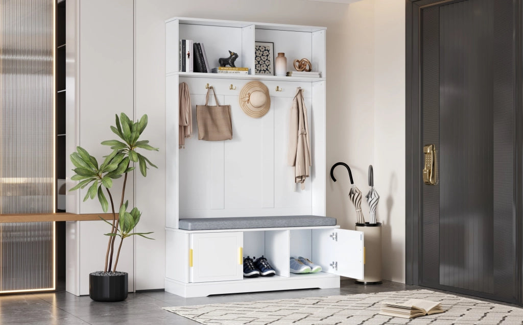 Appendiabiti con panca porta scarpe bianco 120×40×191 cm con 6 ganci tripli, design salvaspazio per ingresso e corridoio