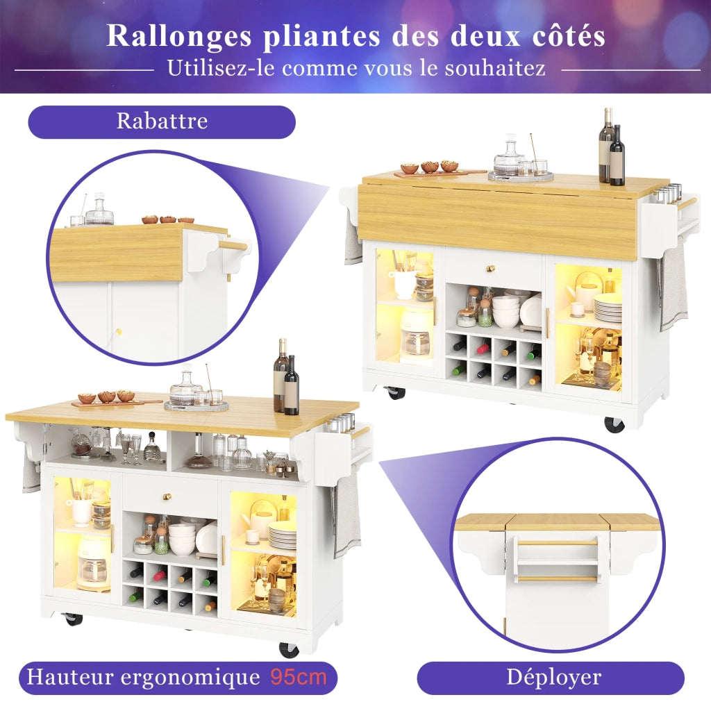 Carrello portavivande bianco con illuminazione LED RGB, piano ribaltabile su entrambi i lati, ripiani regolabili e portabottiglie mobile, altezza ergonomica 95 cm