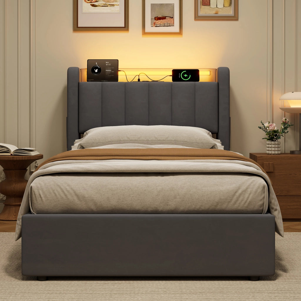 Letto imbottito 90x200 cm in velluto con contenitore idraulico, LED e porte USB