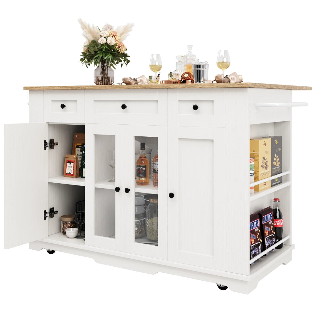 Isola Cucina con Ripiani e Vetro Temperato ¨C Xylo ¨C Bianco, Piano in Legno
