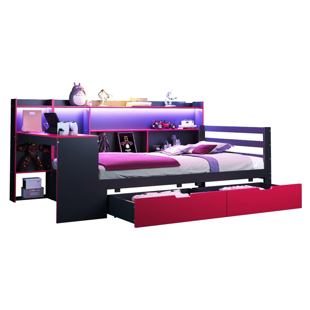 Letto divano singolo 90 × 200 cm con scrivania; LED regolabile; 2 cassetti e prese USB; senza materasso; nero e rosso