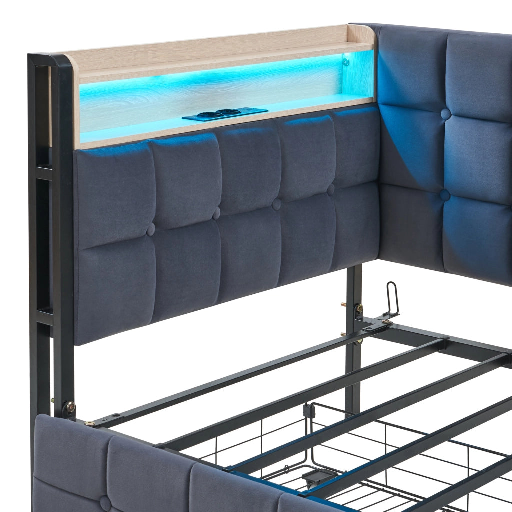 Divano letto imbottito 90x200 cm grigio con LED, USB/Type-C, 2 cassetti