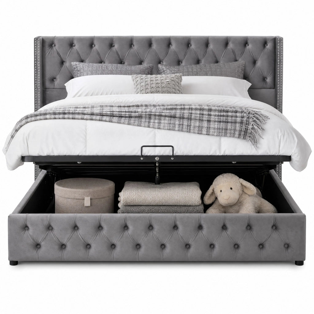 Letto matrimoniale 160x200 cm con contenitore idraulico in velluto; grigio