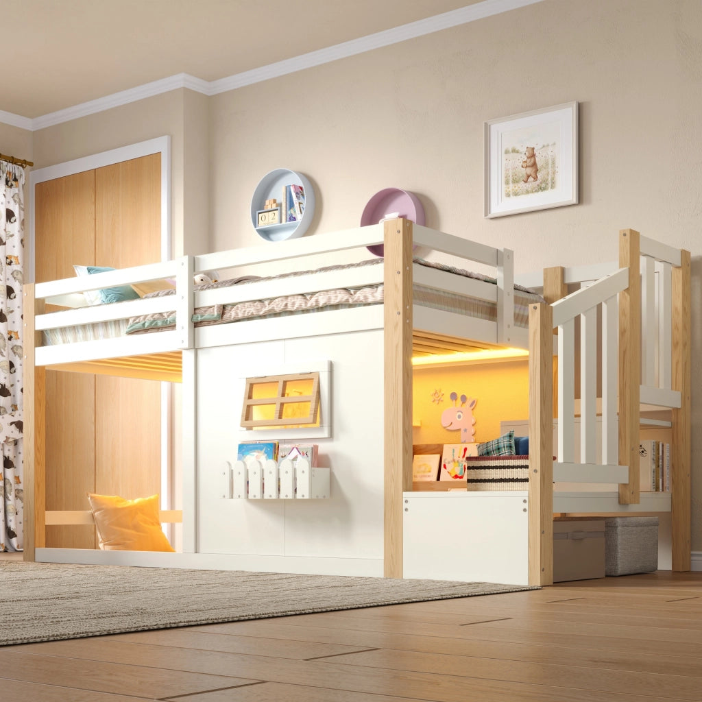 Letto a soppalco 90 × 200 cm con scala contenitore e illuminazione LED in legno di pino e MDF bianco naturale