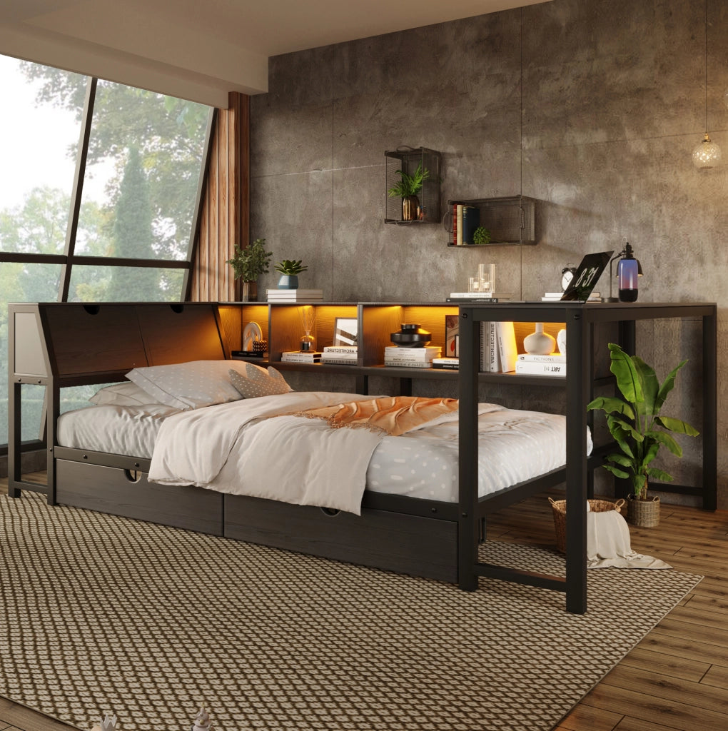 Letto singolo multifunzione 90x200 cm con scrivania; cassetti e LED nero HOMVRA