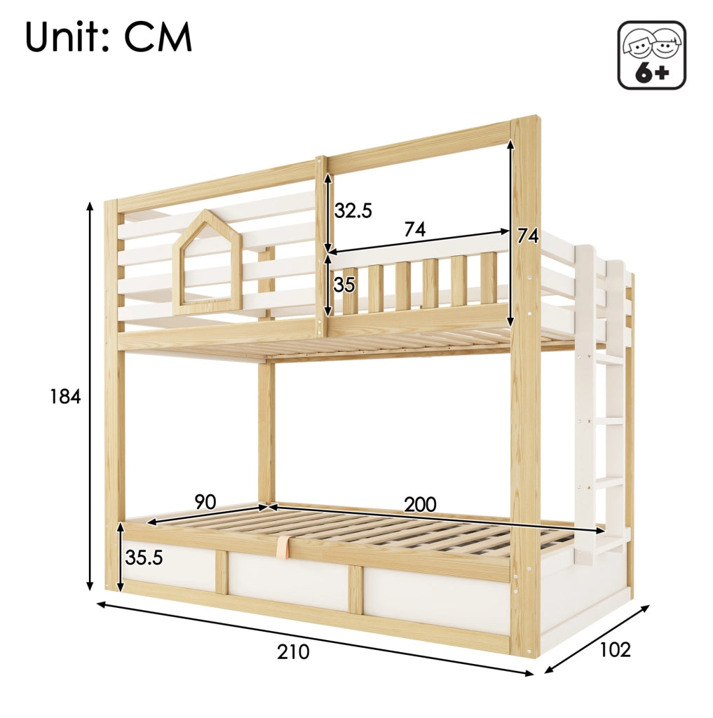 Letto a castello 90x200 cm per bambini con contenitore idraulico; pino; MDF e compensato; bianco e rovere
