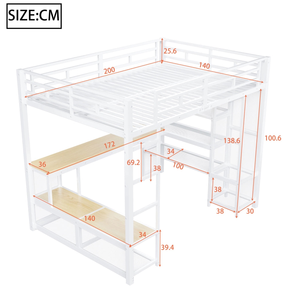 Letto a soppalco 140x200 cm con scrivania e LED in metallo e MDF bianco