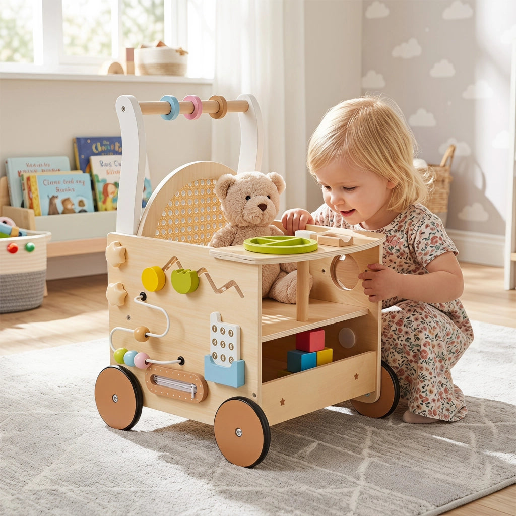 Girello multifunzionale per bambini 12 mesi con ruote antiscivolo, Carrello montessori primi passi con scomparto nascosto