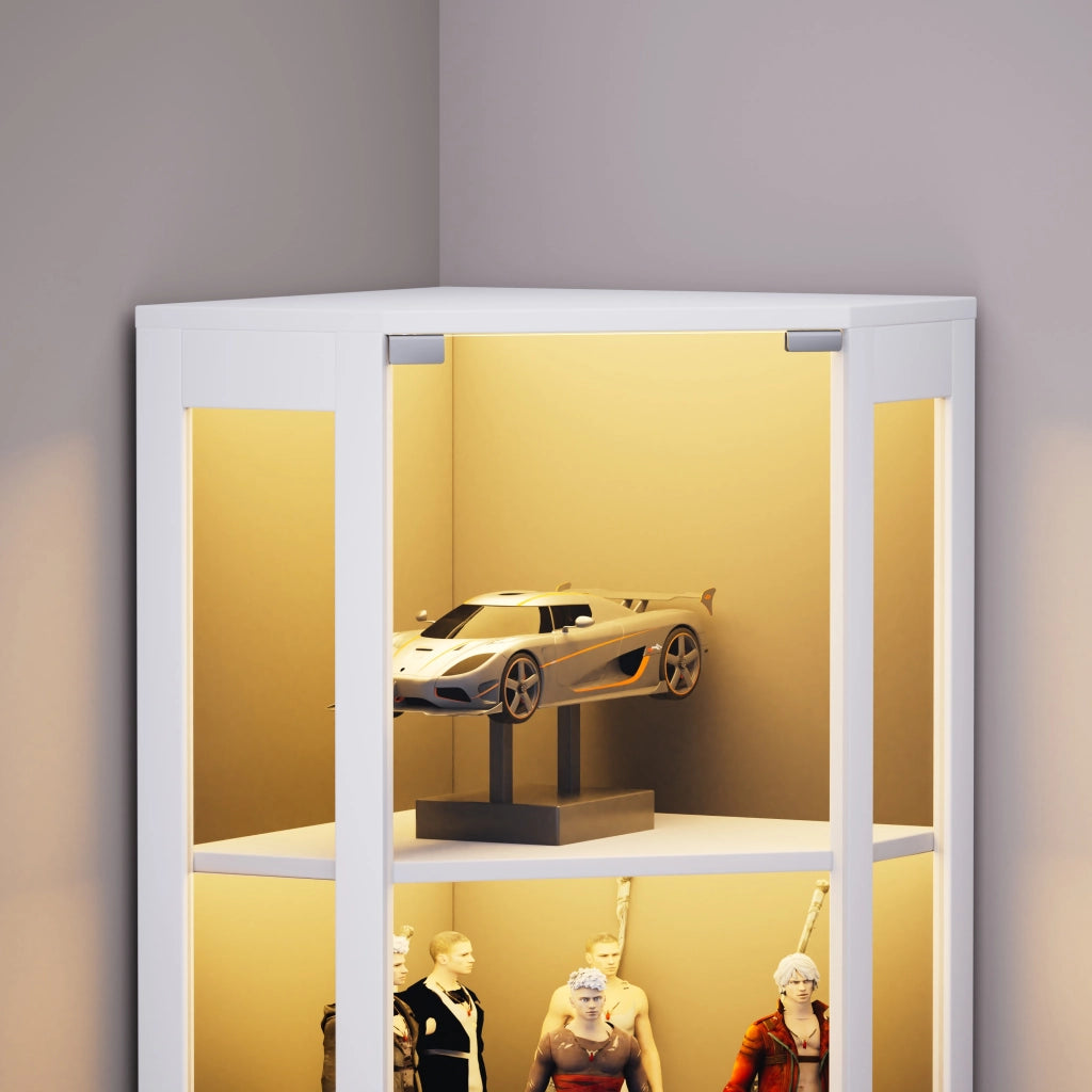 Vetrina con ante in vetro e illuminazione LED a sensore, 5 ripiani per sala e camera, MDF bianco, 57 × 40 × 165 cm