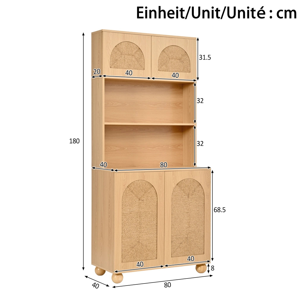 Mobile contenitore a tre sezioni con ante in intreccio ad arco e ripiano regolabile naturale 80 × 40 × 180 cm