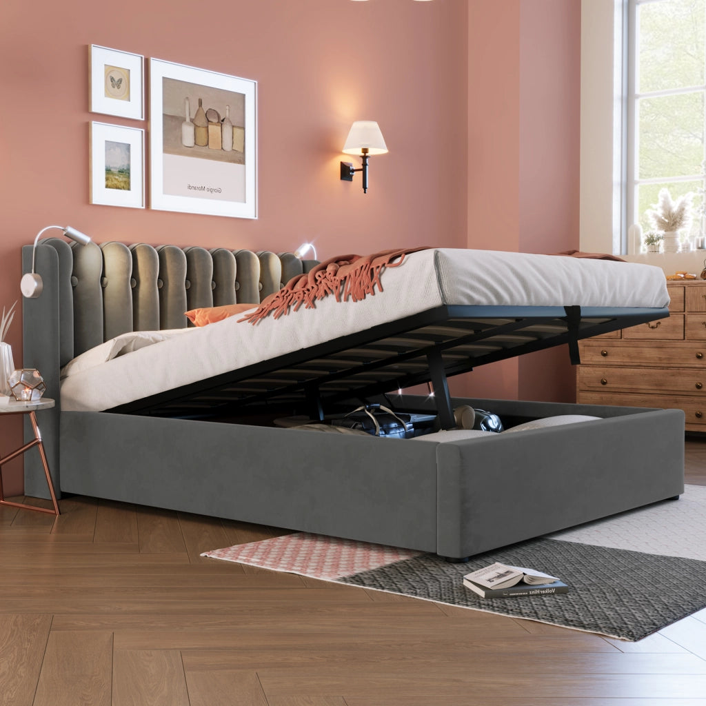Letto matrimoniale imbottito 160 ¡Á 200 cm con contenitore luce da lettura usb velluto grigio con materasso