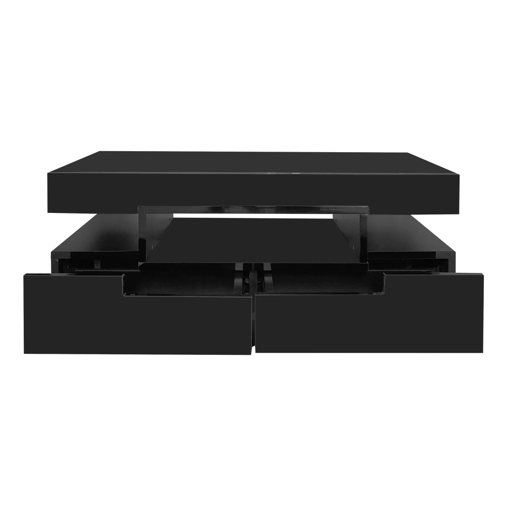 Tavolino basso fisso con LED regolabile 3 vani aperti e 4 cassetti nero lucido 80 × 50 × 36 cm