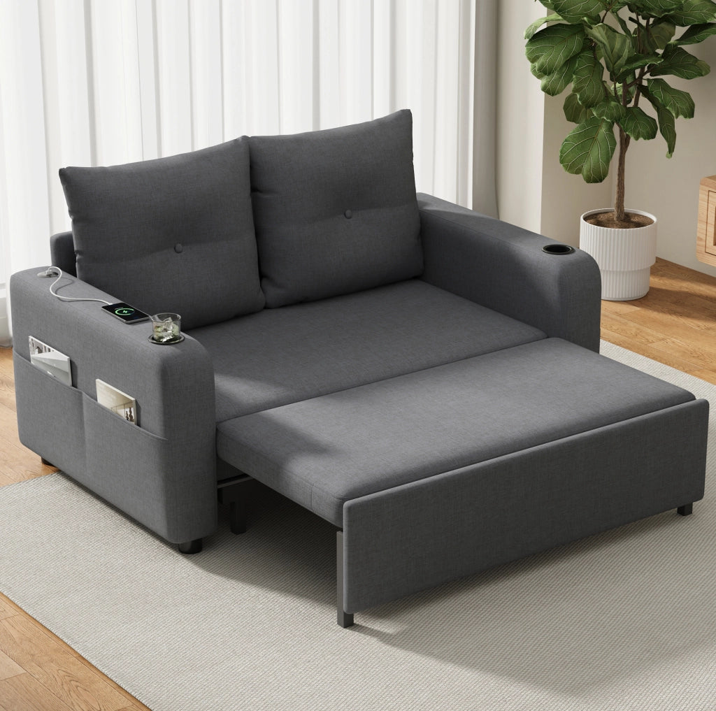 Divano Letto 3-in-1 Grigio 2 Posti con Porta Bicchieri, Tasche Laterali, Cuscini e Porta USB