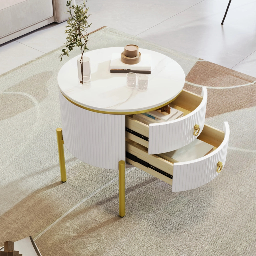 Tavolino laterale ULEVR ?50x51 cm con 2 cassetti, gambe regolabili e finitura effetto marmo bianco e oro