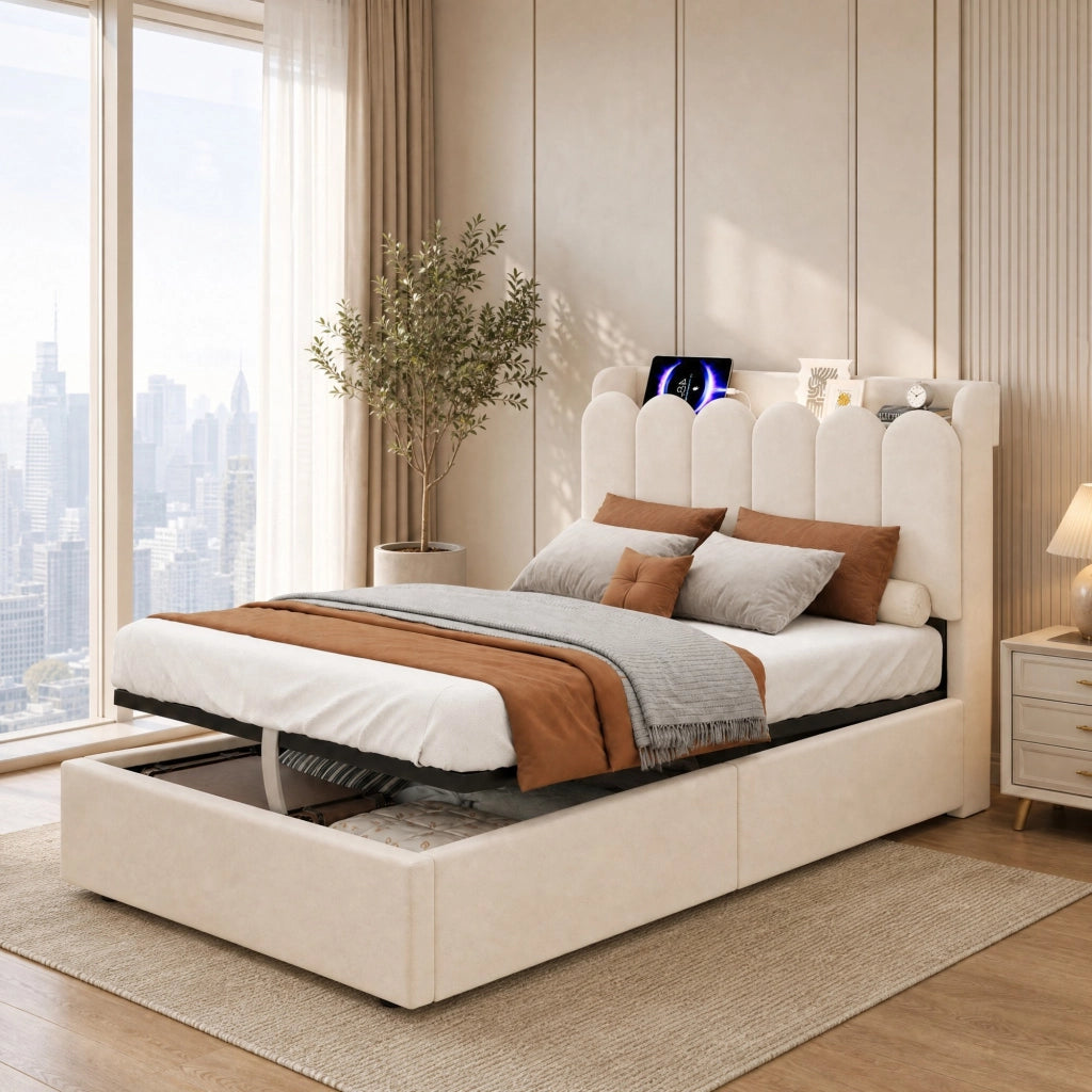 Letto singolo con contenitore 90 × 200 cm con rete a doghe testiera in velluto beige LED USB e Type-C
