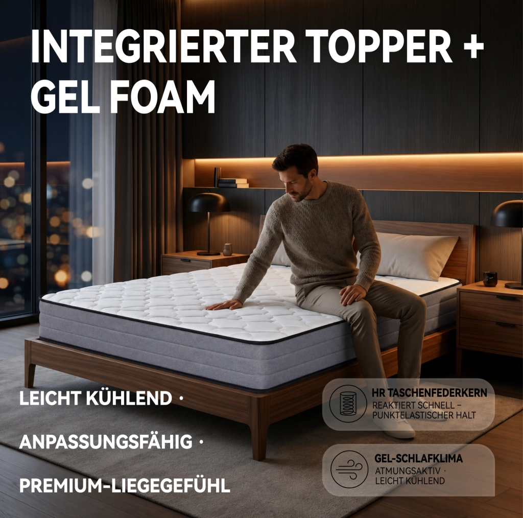 Matratze mit Taschenfederkern 140x200 cm H3, 7-Zonen, 1000 Federn, Lyocell-Bezug, 20 cm Höhe