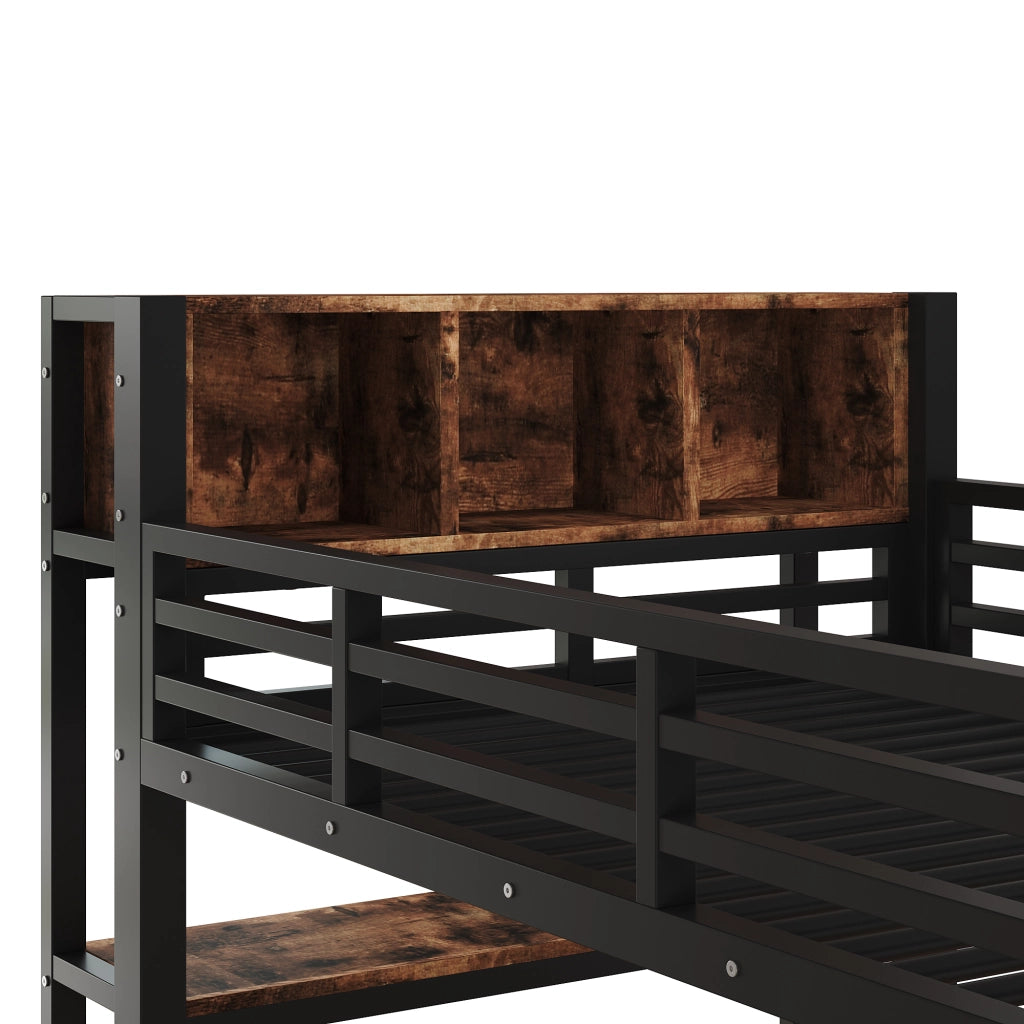 Letto a soppalco per bambini 90x200 cm con scrivania; appendiabiti; ripiani e vani; metallo e MDF nero