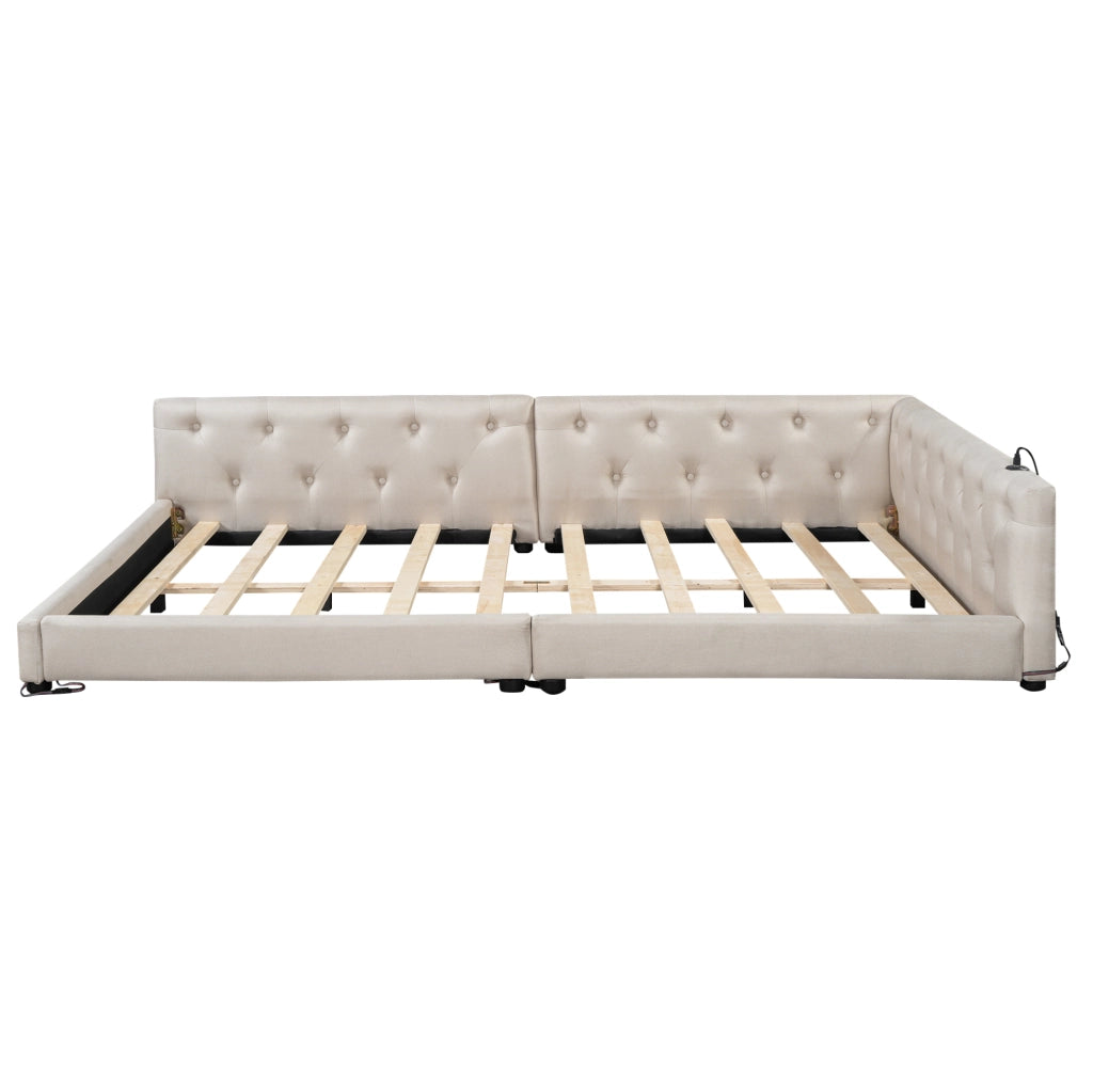Letto matrimoniale 140x200 cm con LED; USB e Type-C; in lino beige