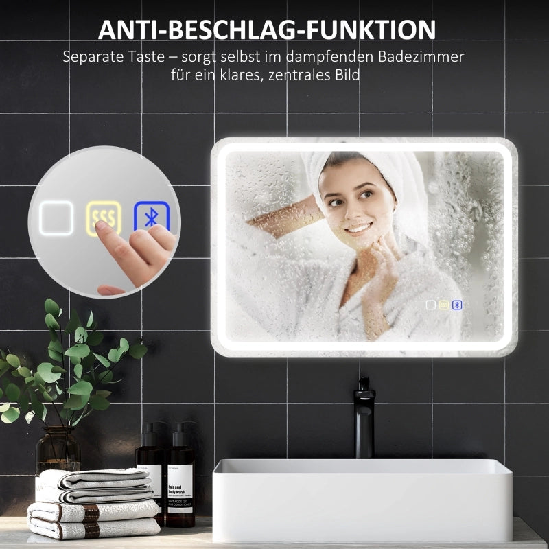 Specchio da bagno LED con Bluetooth; funzione antiappannamento; touch e memoria; vetro temperato; argento