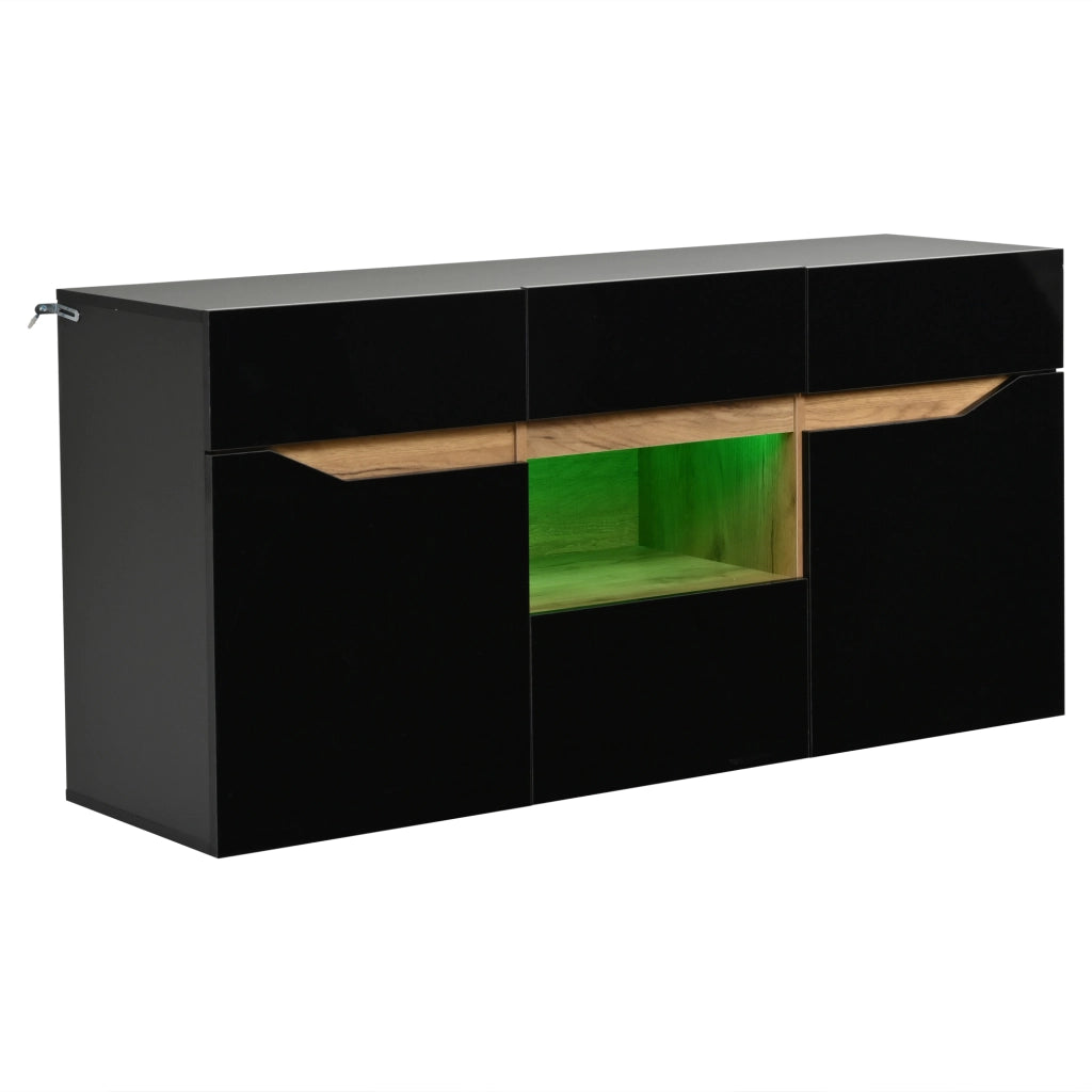 Credenza Soggiorno con LED ¨C Xylo ¨C 4 Cassetti, Legno e Nero Lucido, 140x40x70 cm