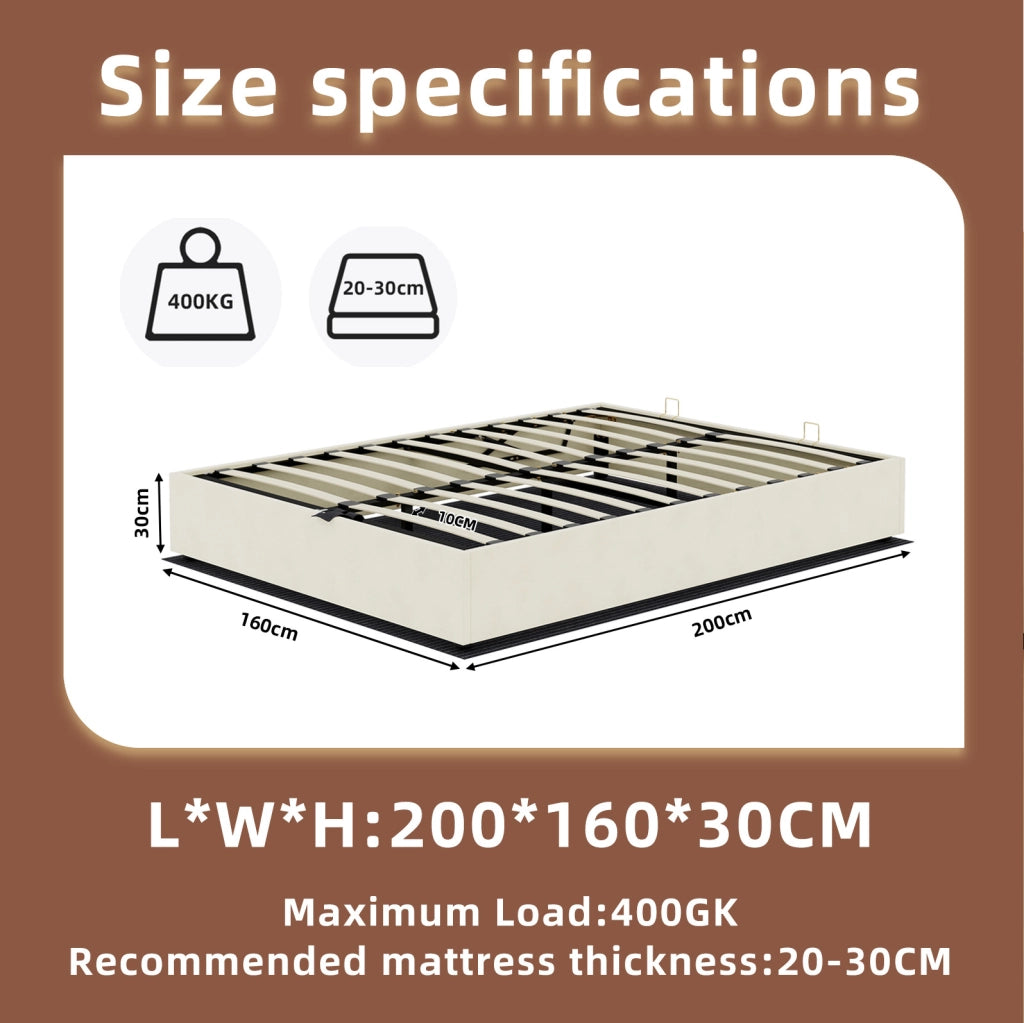 Letto contenitore 160x200 cm in tessuto e metallo beige con materasso