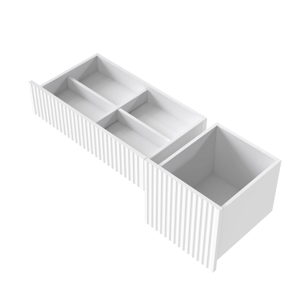 Toeletta bianca in MDF con specchio curvo; 2 cassetti e ripiano inferiore