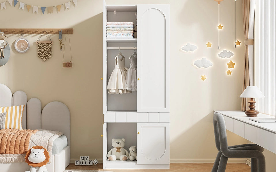 Set di 2 armadi bianchi laccati con 2 ante, appendiabiti e cassetti, 80×50×200 cm ciascuno