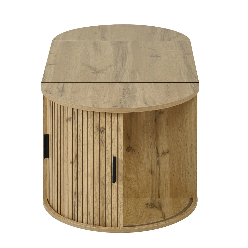 Tavolino basso sollevabile con piano regolabile e ripiani aperti in MDF effetto rovere, ovale, 100 × 50 × 40,5 cm
