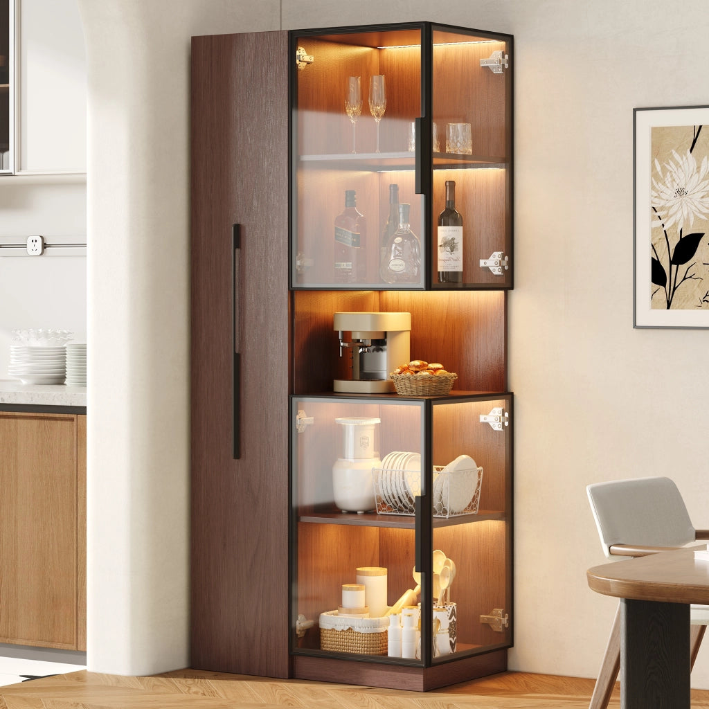 Vetrina con ripiani laterali estraibili; vetro temperato; LED multicolore e struttura in MDF effetto noce