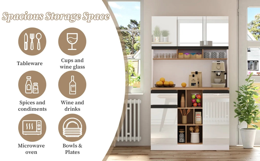 Mobile da cucina moderno bianco 105x45x185 cm, buffet con ante lucide, maniglie in metallo, ripiani regolabili, cassetti, spazio aperto, protezione anti-ribaltamento