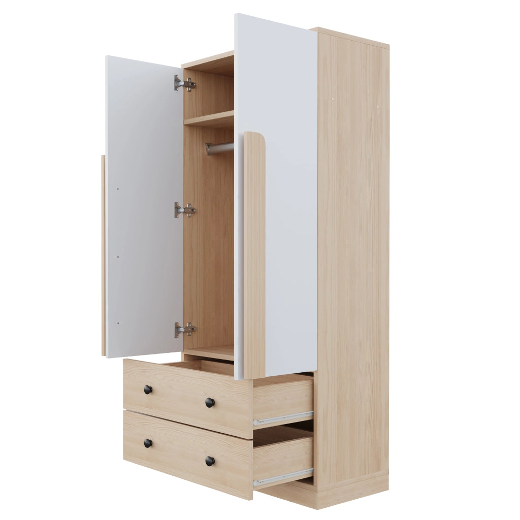 Armadio guardaroba 70x40x170 cm con 2 ante; 2 cassetti e barra appendiabiti; bianco e naturale