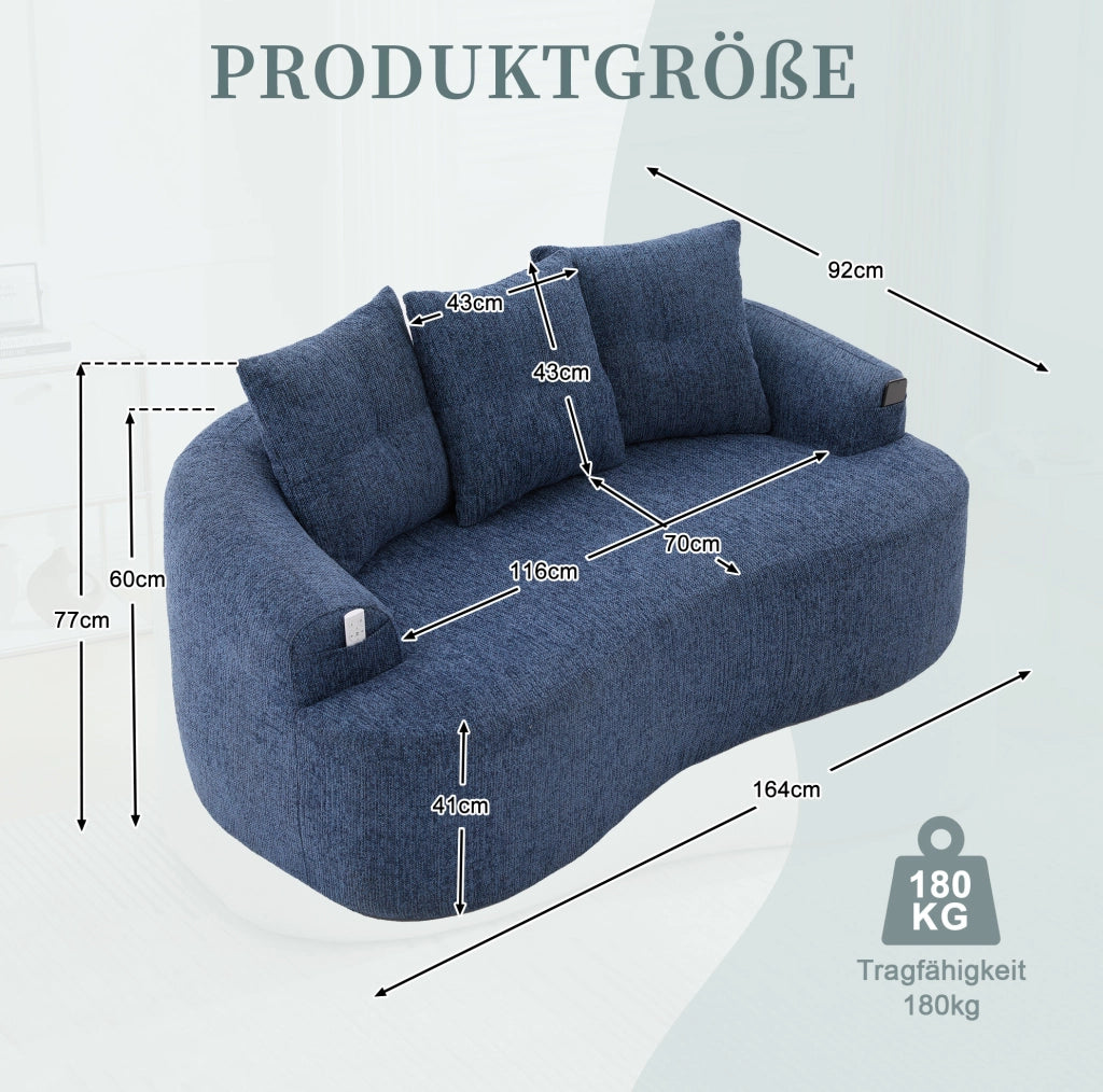 Divano due posti in chenille blu con design contemporaneo, senza molle, 164x92x60 cm