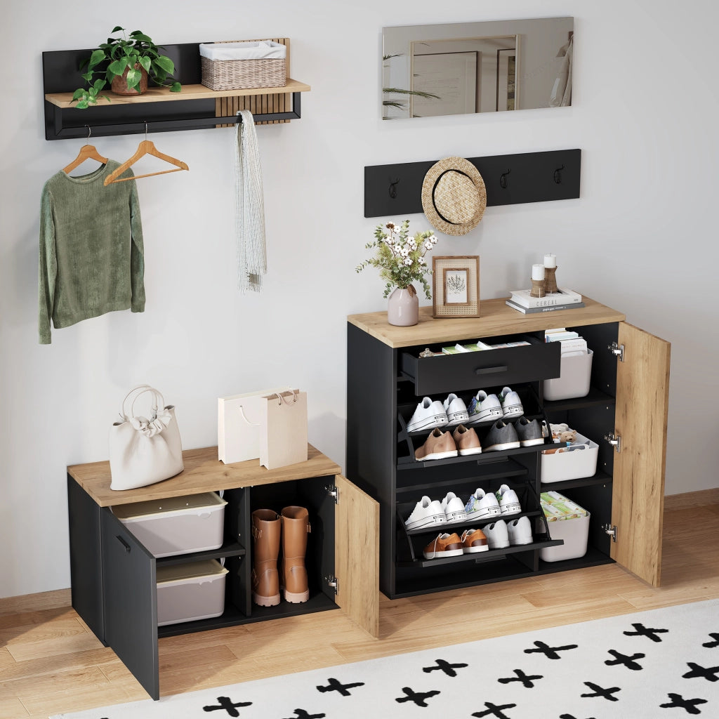 Set ingresso 5 pezzi, 85 x 36 x 85 cm e 80 x 36 x 48 cm, nero e legno