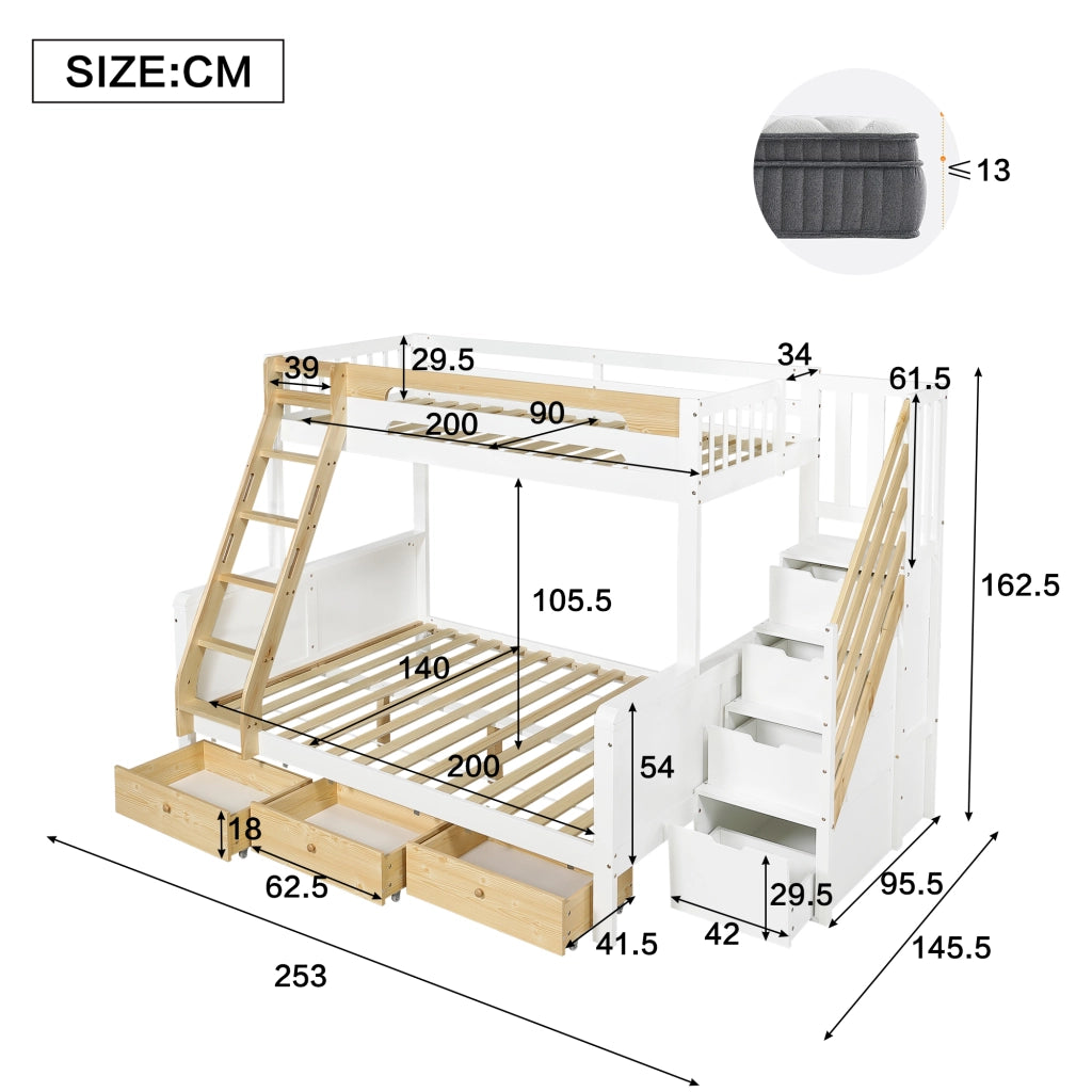Letto a castello 90x200 e 140x200 cm in pino e MDF; bianco e naturale; con scala contenitore e 3 cassetti per cameretta