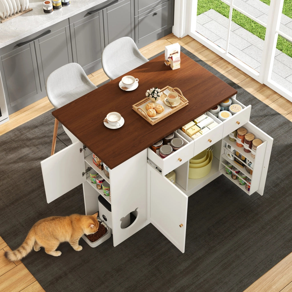 Mobile base da cucina con piano estraibile; 3 cassetti; portaspezie e area pappa per gatto in MDF bianco noce