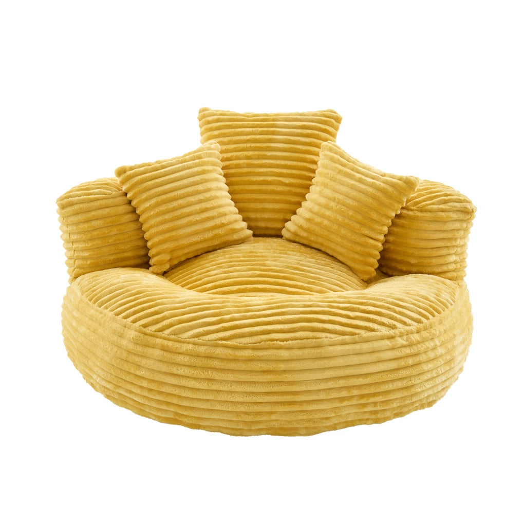 Poltrona pouf in velluto giallo con schienale alto e tre cuscini, 108x108x52 cm, capacità 250 kg