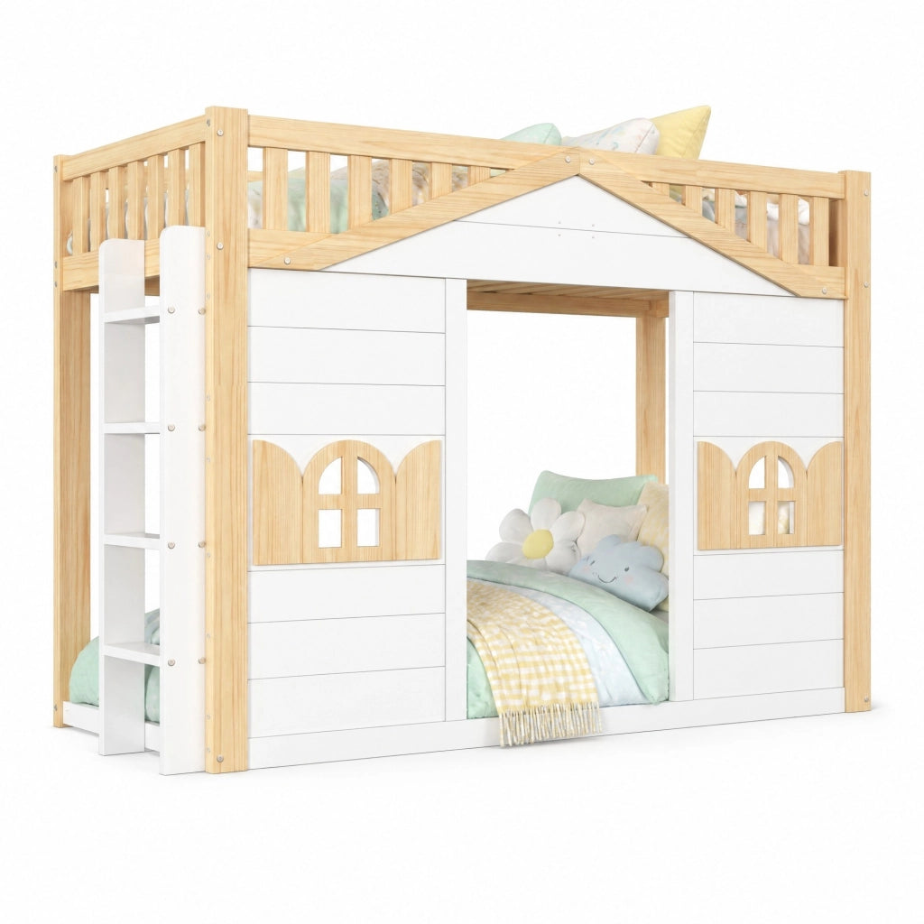 Letto a soppalco per bambini 90 × 200 cm, 1 posto con scala reversibile e finestra, senza materasso, bianco in pino