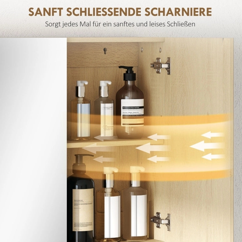 Armadio bagno con specchi doppi, ripiano aperto, montaggio a parete in MDF effetto quercia, 60x16,6x75 cm