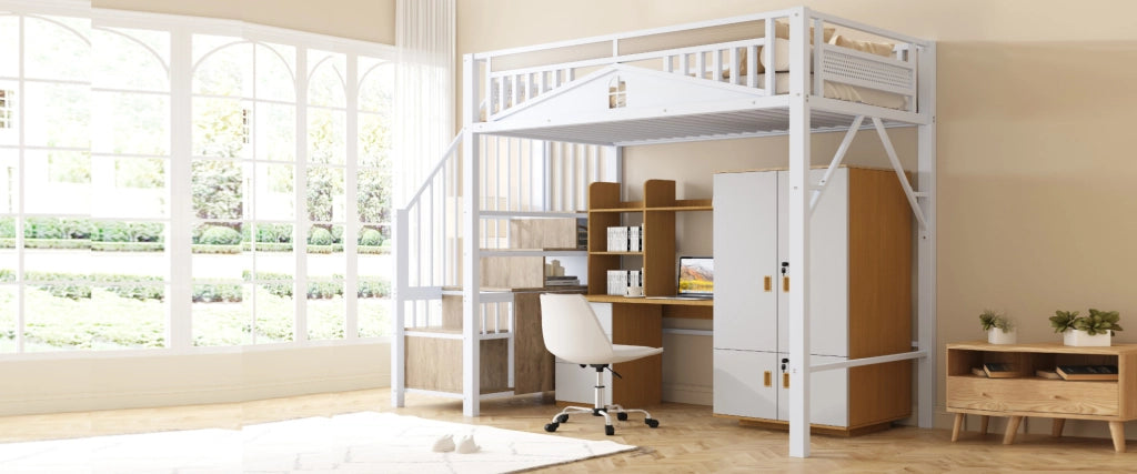 Letto a castello alto in metallo 90x200 cm con recinto di sicurezza a finestra e scala con armadietto, bianco