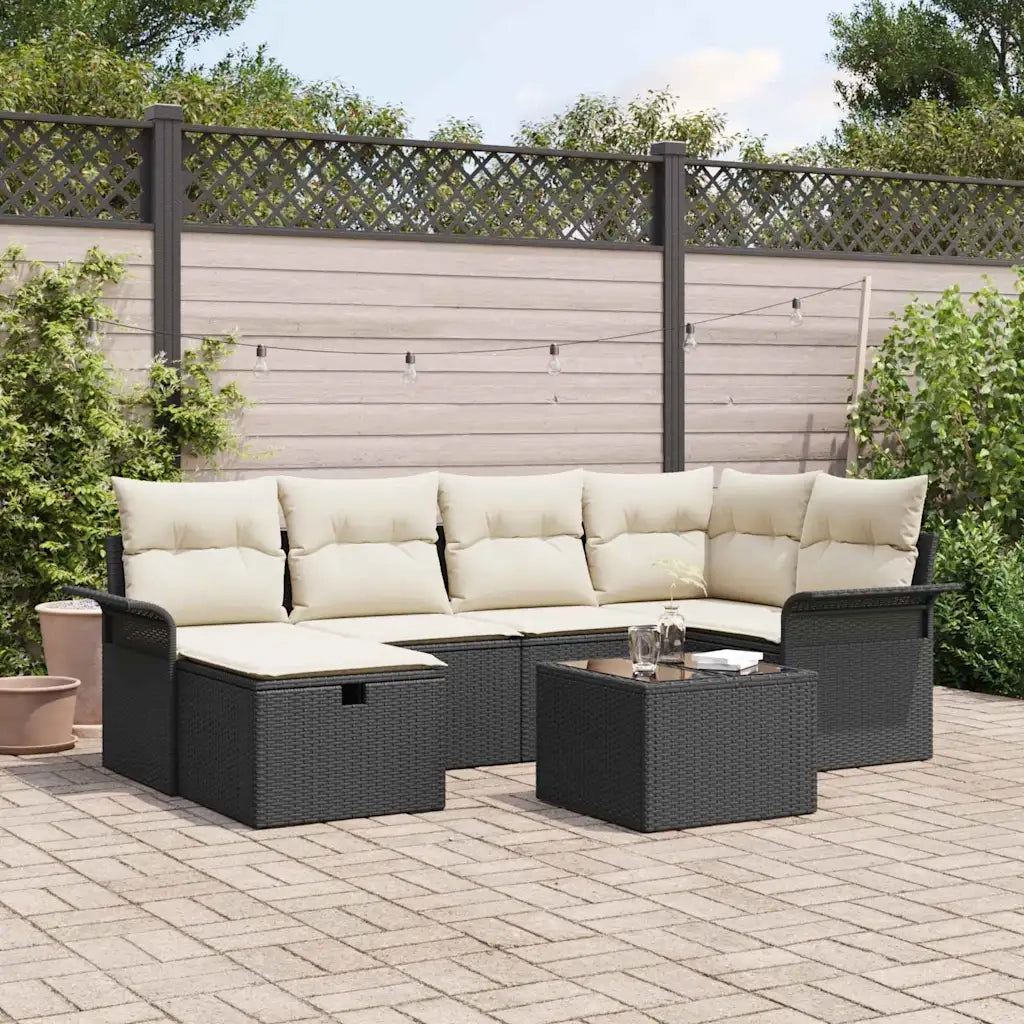 Set Divano da Giardino 7 pcs Nero e Crema polyrattan