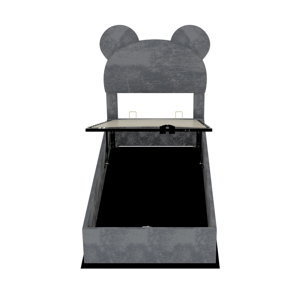Letto per bambini 90x200 cm grigio con vano contenitore, tessuto e metallo, senza materasso