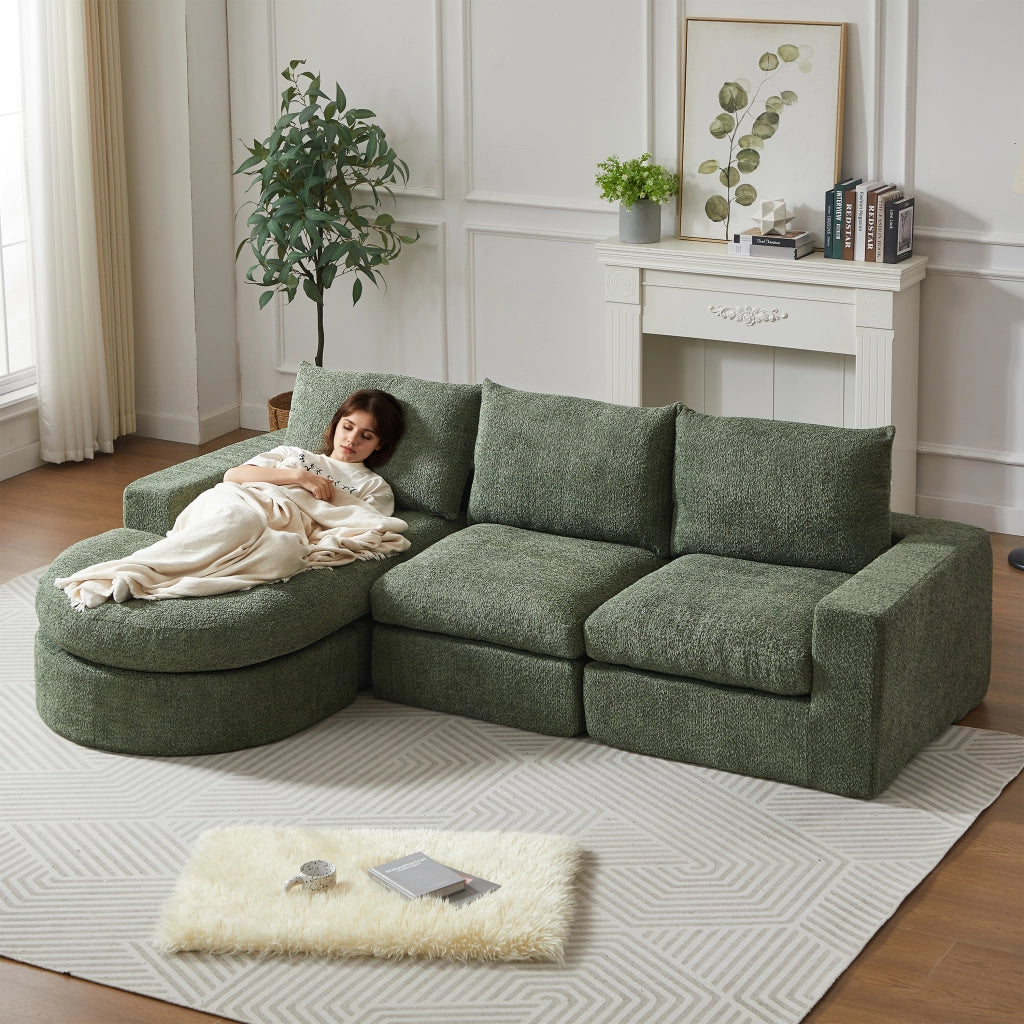 Divano angolare modulare con chaise longue reversibile e cuscini di sostegno in ciniglia verde 251 × 160 × 81 cm